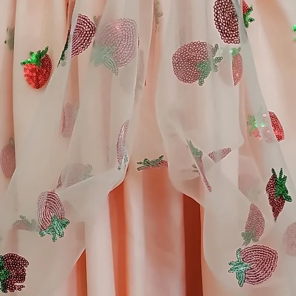 Nwot Magnolia Park Peach w/ Sequined Strawberries Faux Wrap Flutter Sleeve Dress - Picture 16 of 17